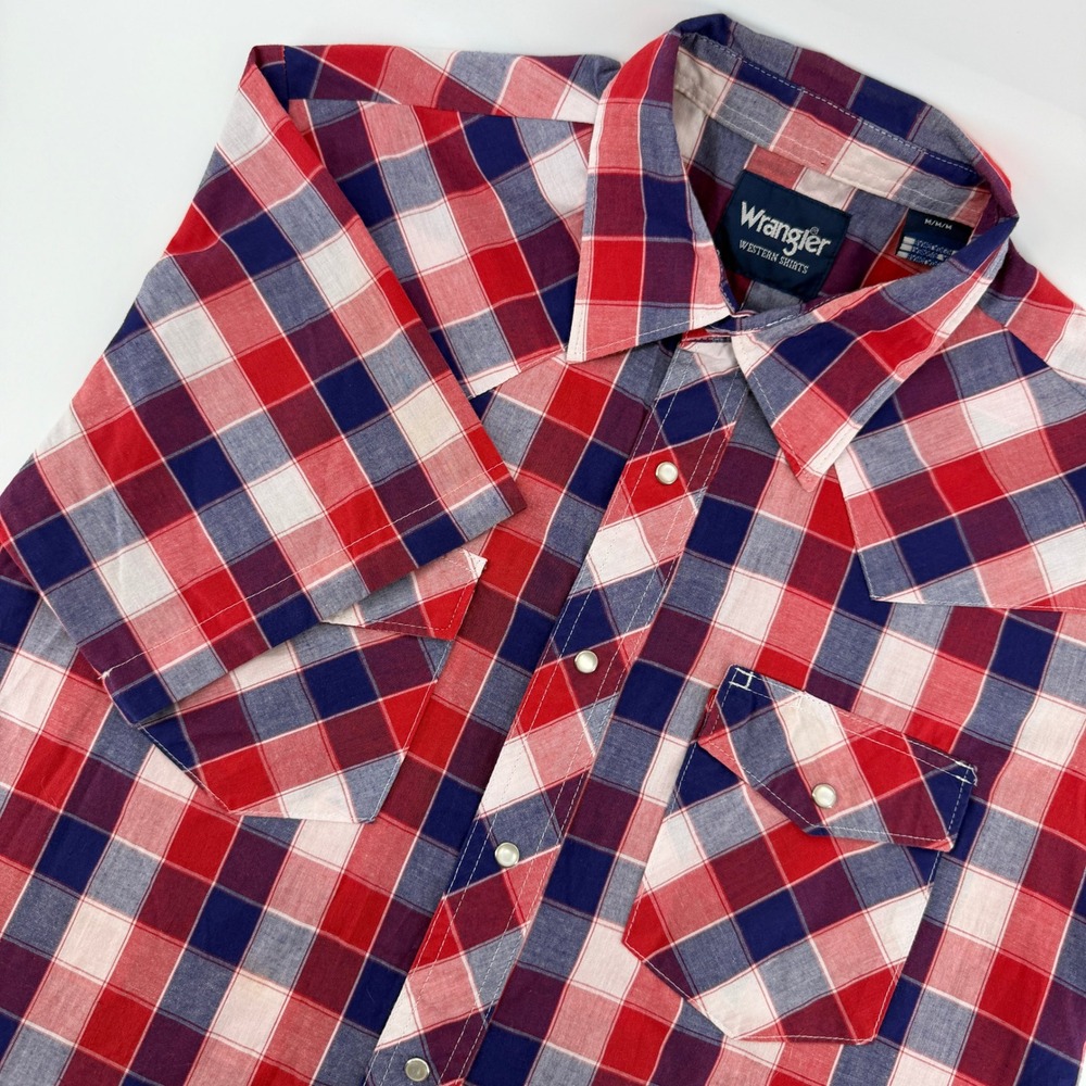 Wrangler Western Shirt Mens Medium Red White Blue Plaid Short Sleeve Pearl Snap